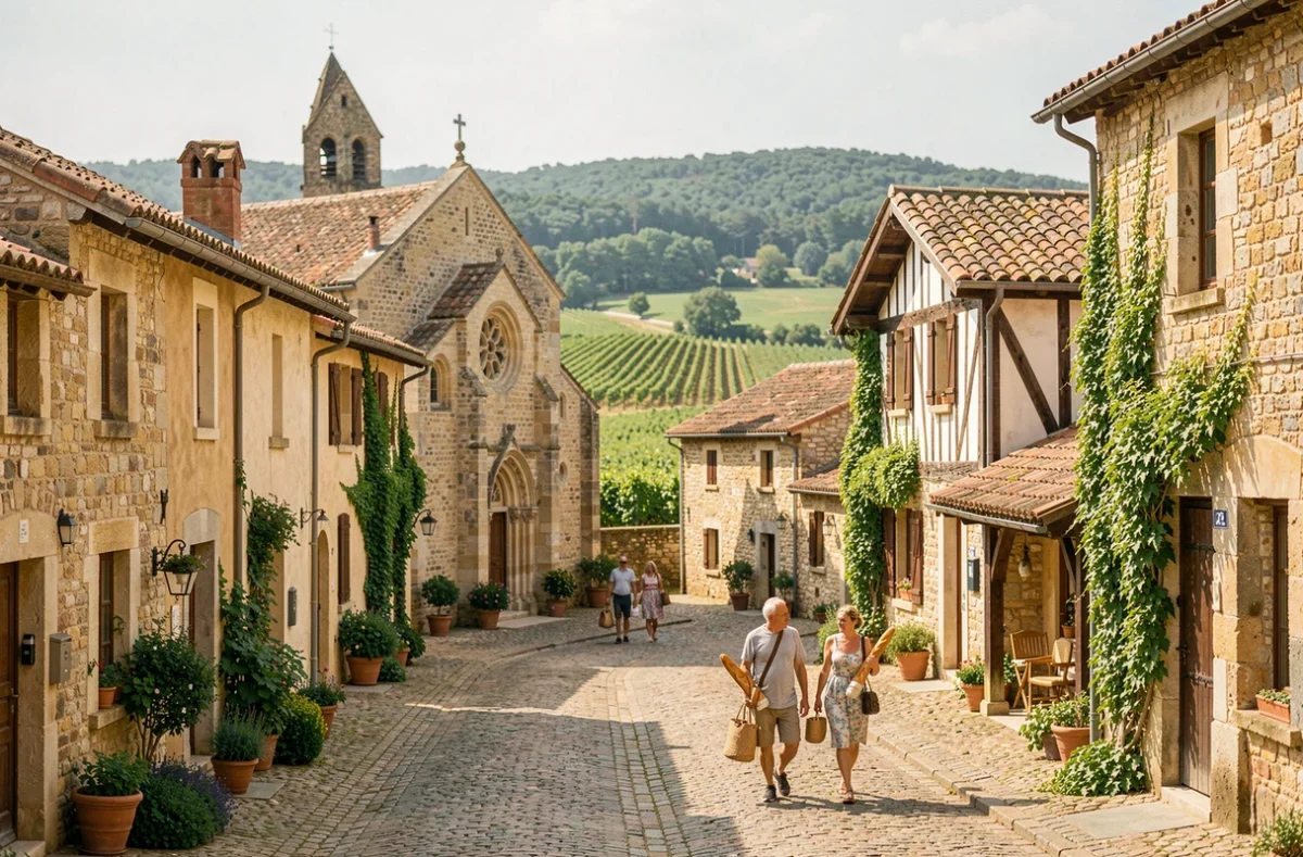 Vue d'ensemble d'un village médiéval typique de Nouvelle-Aquitaine avec ses ruelles pavées, ses toits en tuiles et ses murs en pierre dorée
