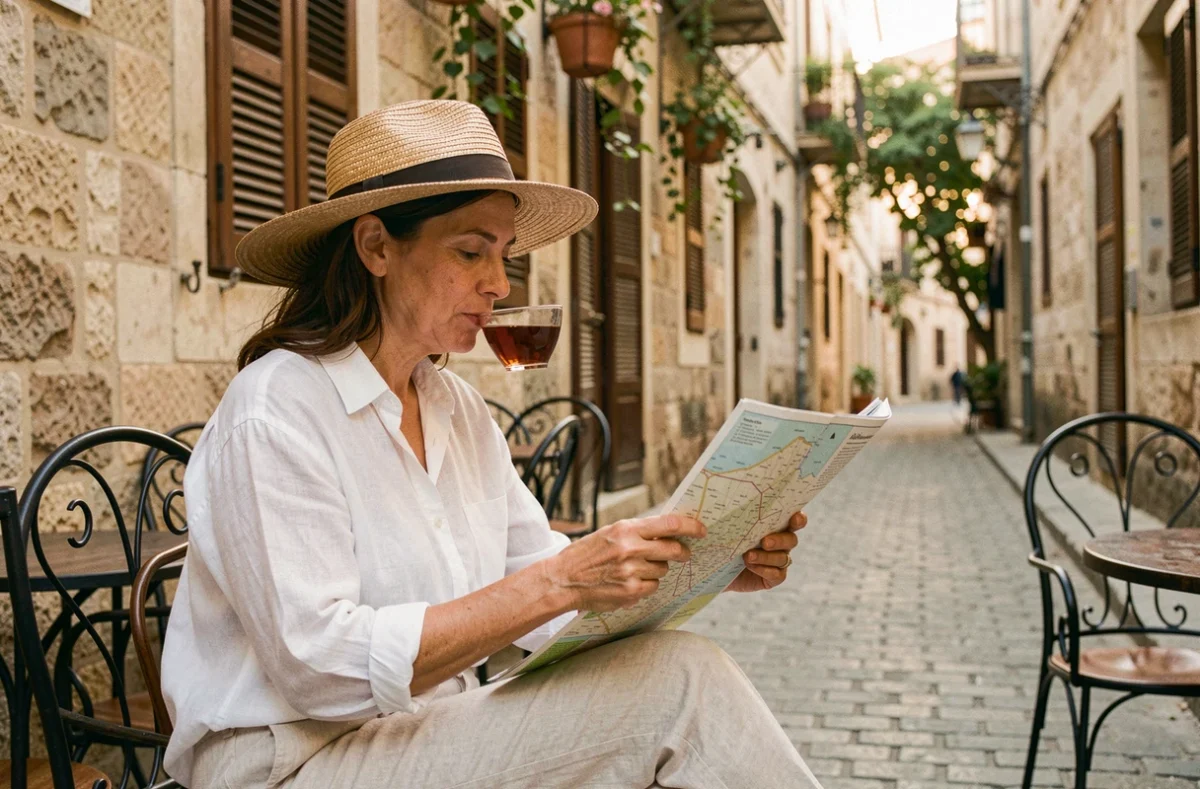 Femme en tenue légère sirotant un thé en terrasse ombragée au Caire tôt le matin, carte en main pour planifier sa journée en Égypte en août