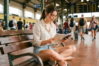 Jeune femme planifiant un voyage en août pas cher dans une gare européenne avec carte et smartphone
