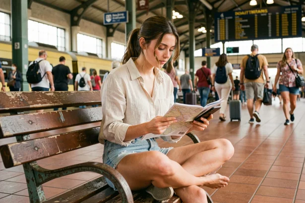 Jeune femme planifiant un voyage en août pas cher dans une gare européenne avec carte et smartphone
