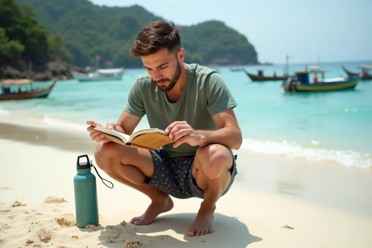 Voyageur rédigeant son itinéraire de road trip dans un carnet sur la plage de Kuta Lombok