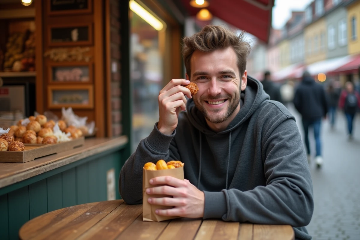 Jeune voyageur savourant une spécialité de massepain sur un marché de rue à Lübeck avec un petit budget