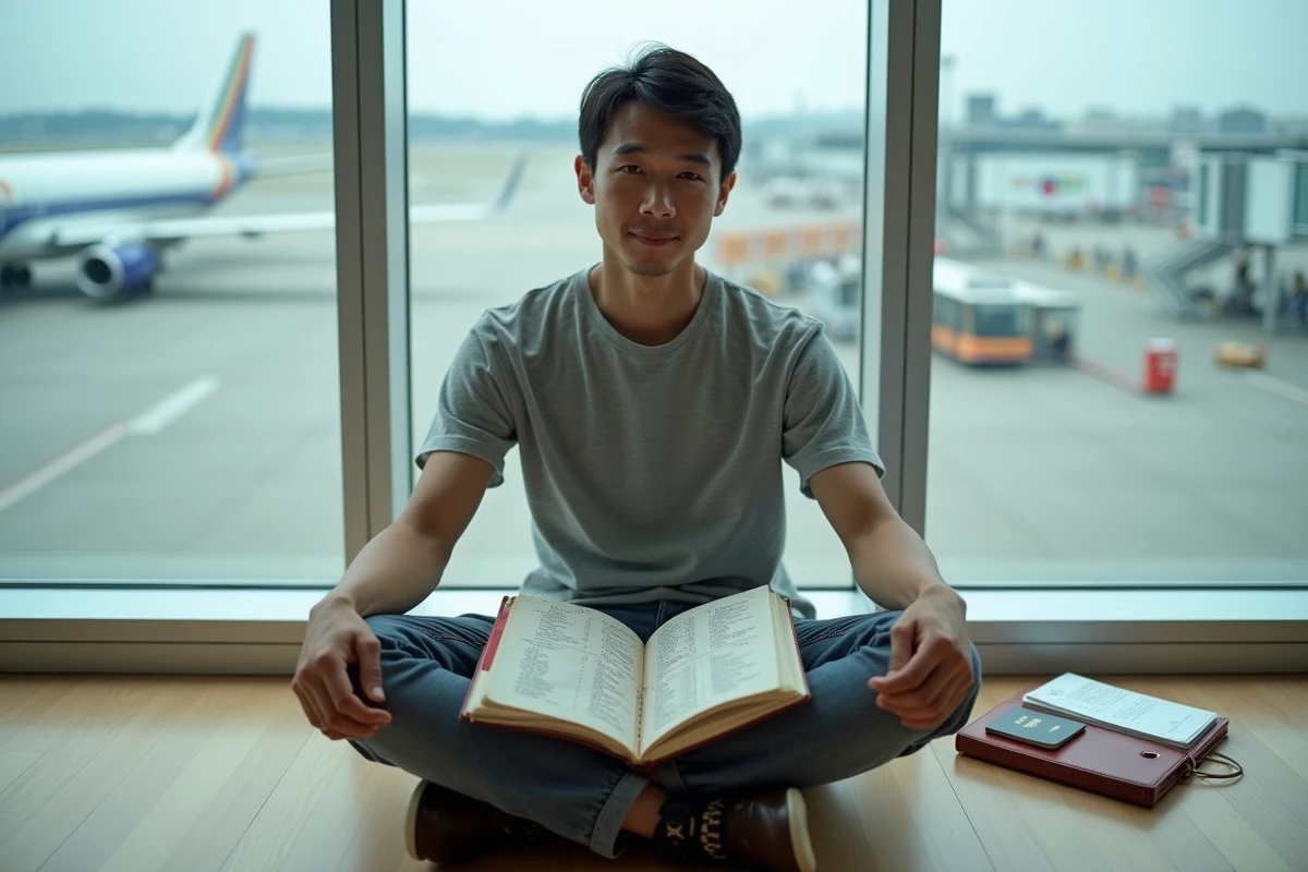 Voyageur préparant son séjour en Asie avec une liste de pays dans un aéroport