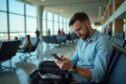Voyageur vérifiant les règles de voyage pour son rasoir électrique sur smartphone dans un terminal d'aéroport