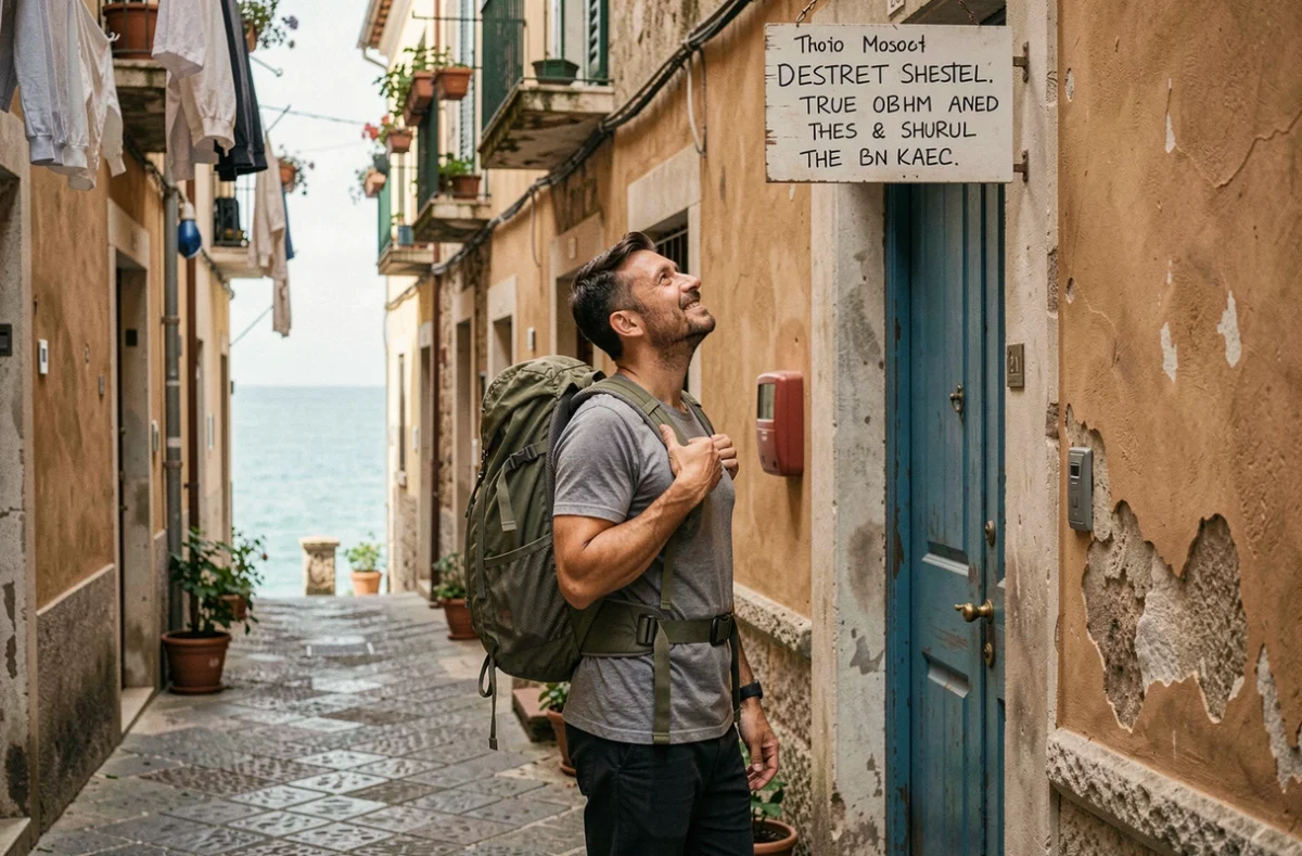 Voyageur solo avec sac à dos cherchant un hébergement pas cher en août dans une ruelle côtière européenne
