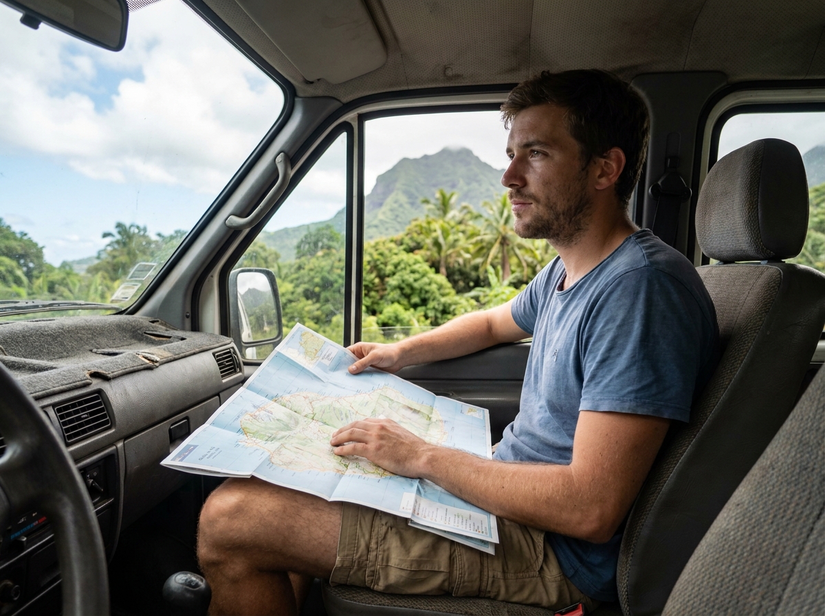 Voyageur seul dans van à Réunion regardant une carte