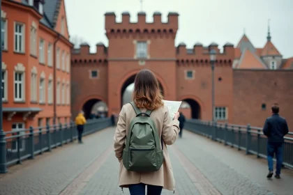 Voyageuse avec un petit budget devant la Holstentor de Lübeck, carte en main, explorant la vieille ville médiévale