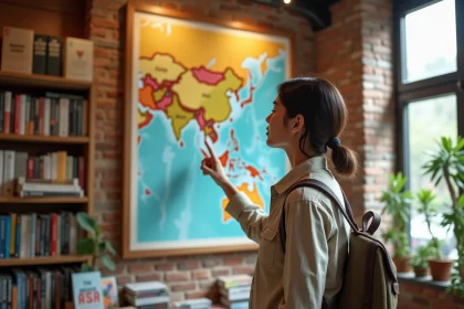 Voyageuse débutante consultant une carte des pays d'Asie dans une librairie de voyage