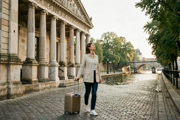 Voyageuse avec valise sur les pavés de l'Île des Musées à Berlin, façade néoclassique en arrière-plan