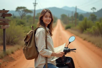 Voyageuse solo consultant une carte papier sur son scooter sur une route de terre à Lombok