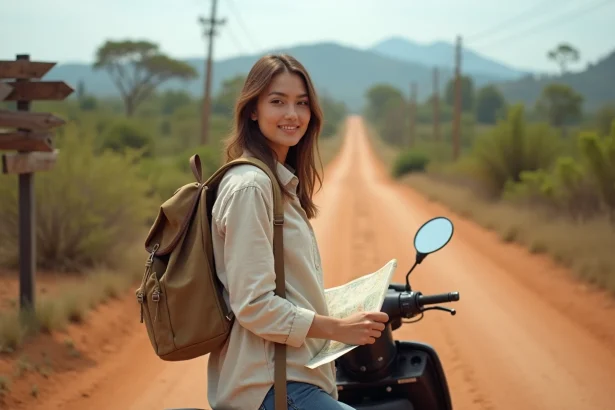Voyageuse solo consultant une carte papier sur son scooter sur une route de terre à Lombok