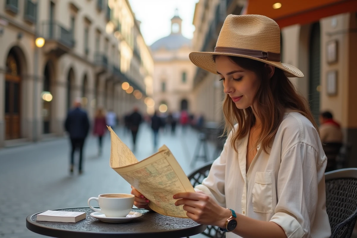 Voyageuse solo consultant une carte dans un café de ville européenne pavée, représentant les tendances du voyage et du tourisme international