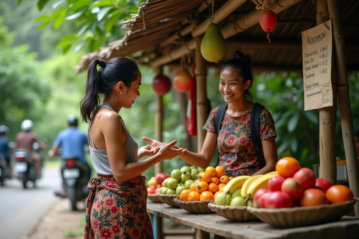 Voyageuse négociant avec un vendeur local dans un warung en bord de route à Lombok