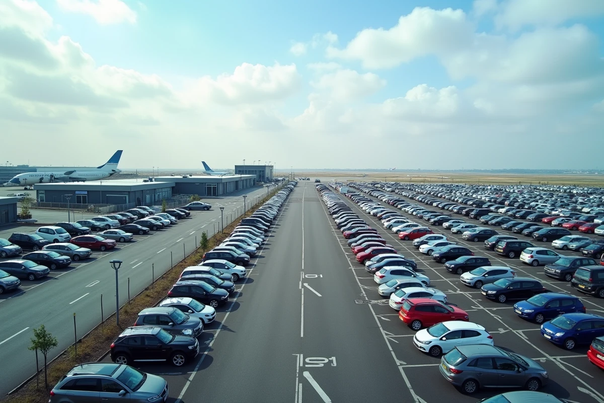 Vue panoramique du parking longue durée P5 de l'aéroport de Toulouse-Blagnac avec rangées de voitures