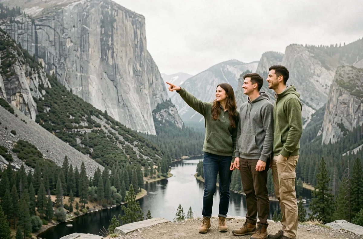 Couple découvrant la vallée de Yosemite et El Capitan lors d'un premier voyage dans les parcs nationaux américains